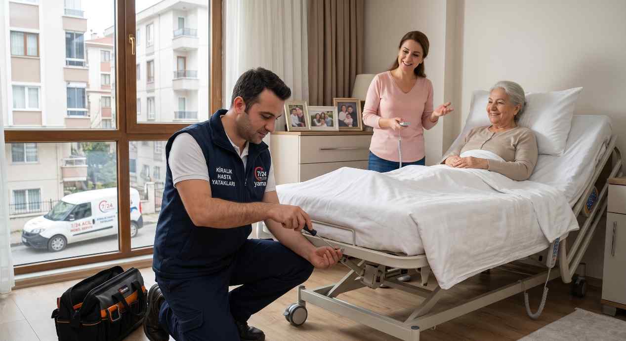 Ev ortamında motorlu hasta yatağı bakımı ve onarımı yapan 7/24 teknik servis personeli
